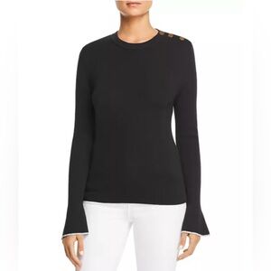 TORY BURCH Kimberly navy merino wool bell sleeve sweater with logo buttons